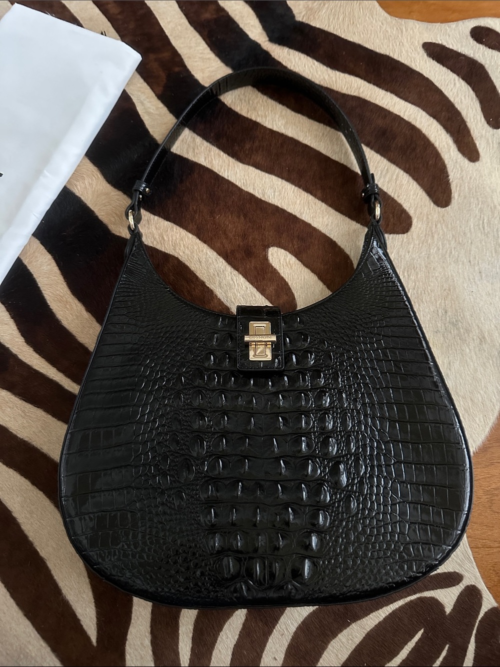 Brahmin Fallon Slim Black Croc-Embossed Leather Shoulder Bag - Picture 2 of 8